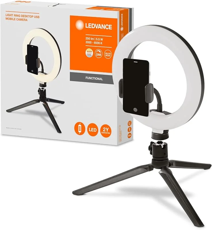 LEDVANCE LED-ringljus med stativ 190mm med USB-anslutning, 72 lysdioder dimbara, 3000-5800k, 10W-400-500 Lm, 190mm, Ringljus för mobiltelefon, smink, fotografering med Bluetooth-fjärrkontroll — Mobil och surfplatta