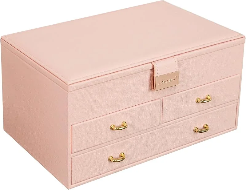 ADEL DREAM Smyckeskrin, smyckeskrin med 2 lådor, låsbar smyckesorganisatör med spegel, avtagbar reselåda, för ringar, armband, örhängen, sammetsfoder (Rosa-11-2) — Laddning och kablar