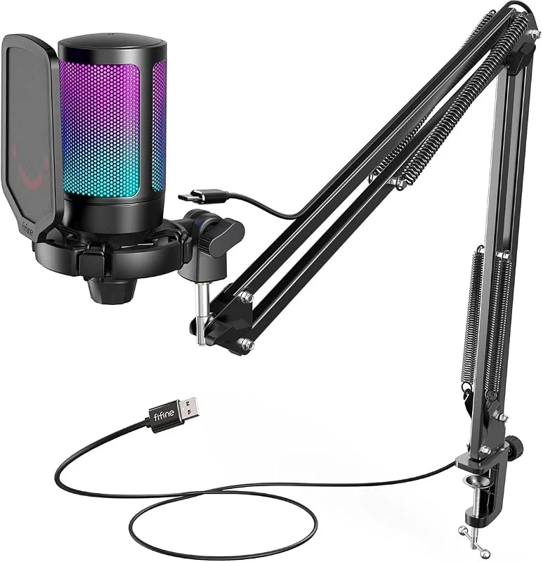 FIFINE USB-mikrofonspelkit, RGB mikrofonkondensator för PS5-dator, med tystnadsknapp, stötsäker montering, mikrofonstativ, popfilter, för streaming av discord-poddsändningar — Hörlurar och ljud