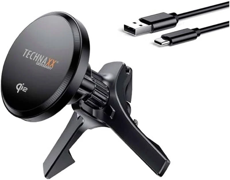 Technaxx magnetisk billaddare 15W, Qi2 bilmonteringsladdare TX-323, luftventiltelefonhållare med metallring, USB-A till USB-C-kabel - Snabb trådlös laddning för iPhone 12+ och Qi-aktiverade telefoner — Mobil och surfplatta