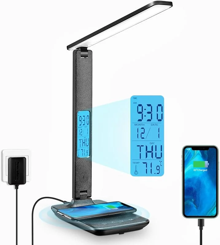 LED skrivbordslampa med 10W trådlös laddare - skrivbordslampa med nattlampa och klocka, USB-laddningsport, hopfällbar skrivbordslampa för sovrum och kontor (TX26CBlack) — Smart belysning