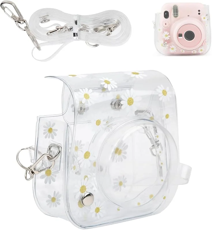 Instant kamerafodral, PVC-kameraskydd tusensköna transparent sling skal väska med axelrem för Fujifilm Mini 11, 9, 8 kamera, standard, Modern — Portabel digital och ljud