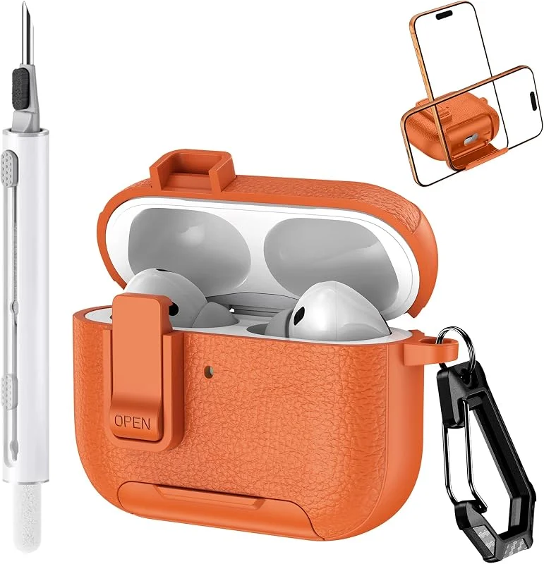Fodral för AirPods Pro 3 (2025) med rengöringssats, mjuk TPU med läderstruktur, praktisk mobiltelefonstativfunktion för AirPods Pro 3 skyddsfodral - orange — Mobil och surfplatta