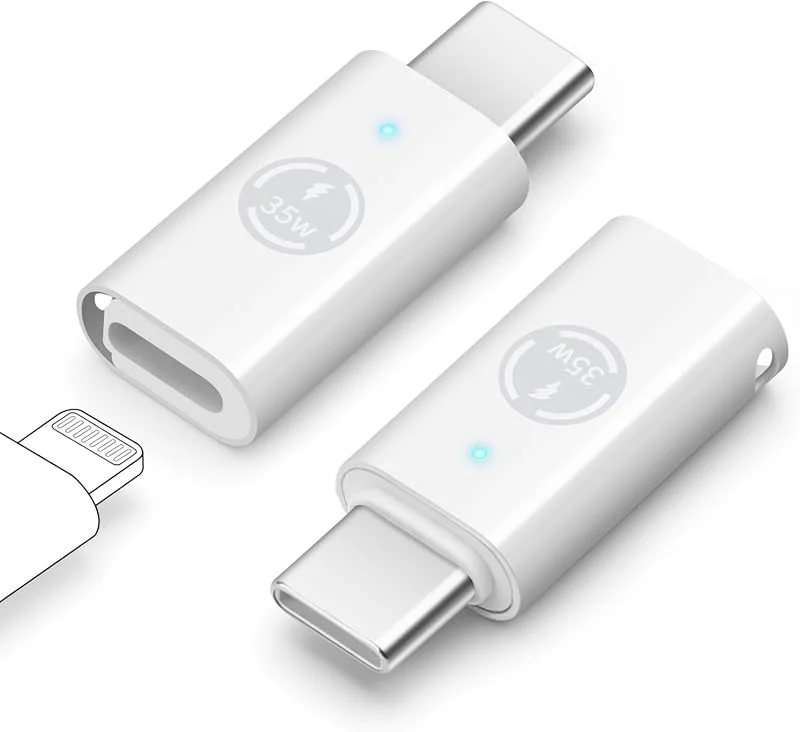 Lightning till USB-C-adapter med PD35W, 2-pack, stöder PD- och QC-laddning och dataöverföring, för iPhone 17, 16, 15, Galaxy och andra USB-C-enheter — Mobil och surfplatta