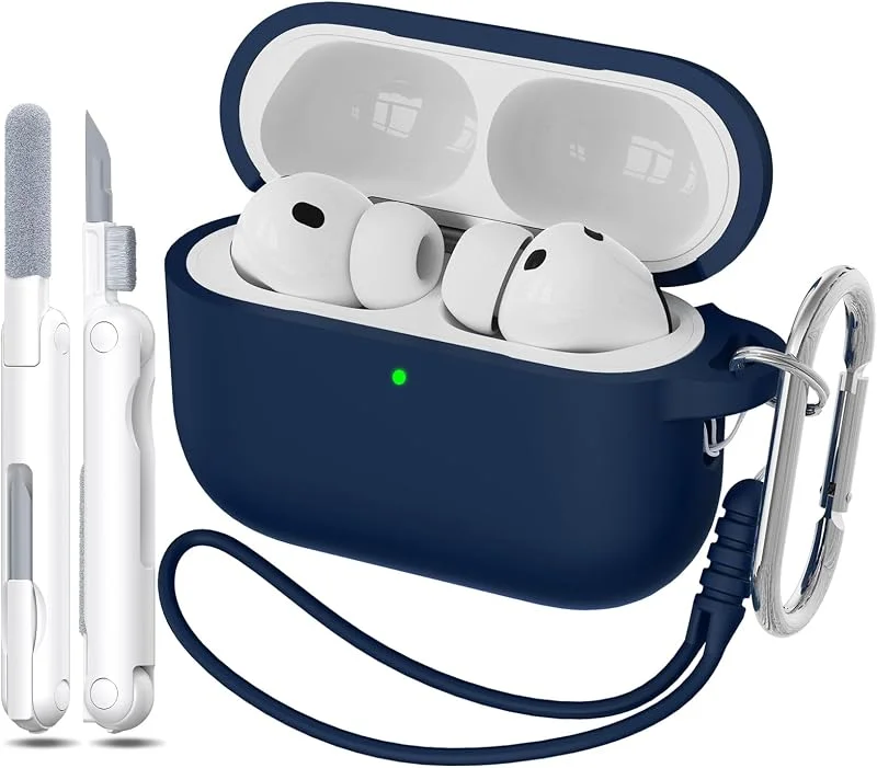 för AirPods Pro 3:e generationens fodral, militärklassad fallskyddande mjuk silikon som absorberar stötar för AirPods-fodral med rengöringskit, synlig LED-lampa framtill, mörkblå — Mobil och surfplatta