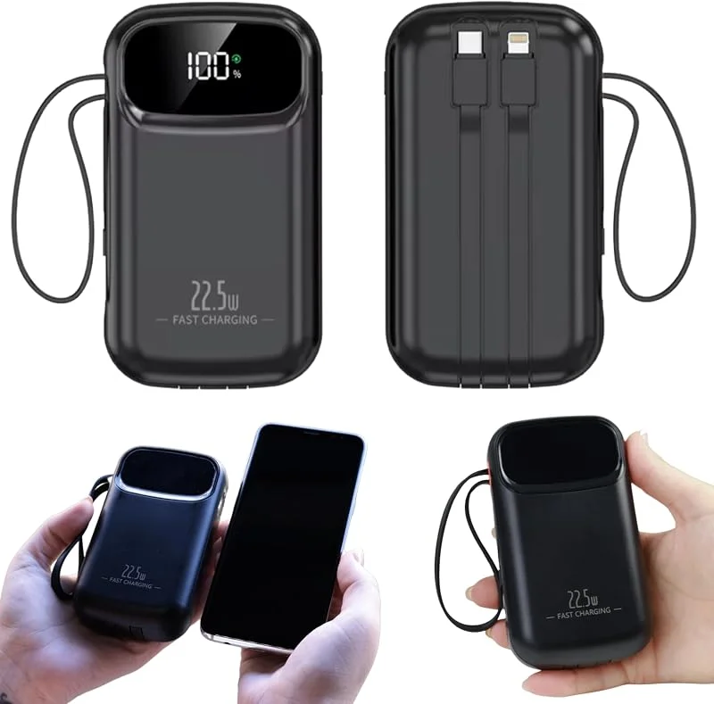 Externt snabbladdningsbatteri, 20 000 mAh powerbank med snabbladdning, med USB- och USB-C-kablar, bärbart batteri för iPhone, med integrerade kablar, kompatibelt med Samsung iPad Macbook, svart. — Mobil och surfplatta