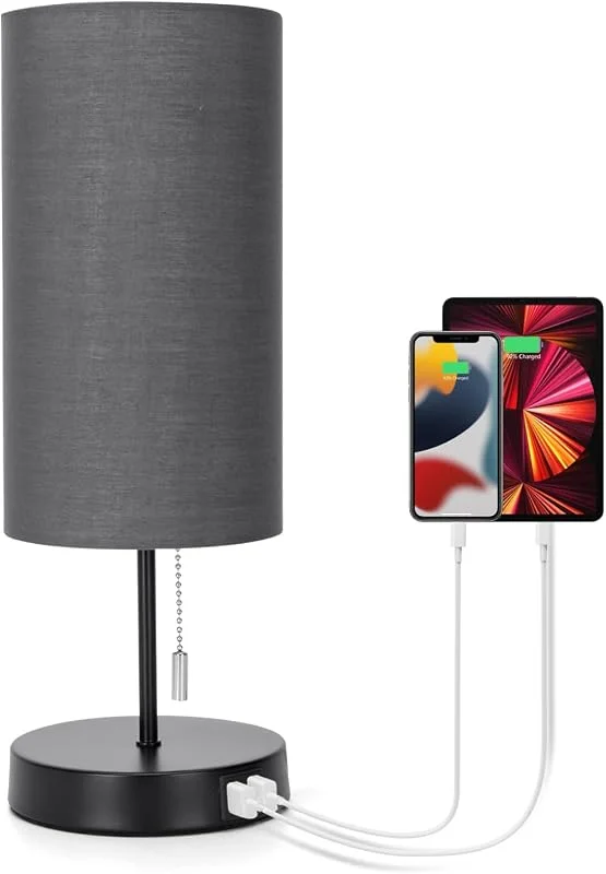 Aigostar bordslampa med 2 USB-laddningsportar, sänglampor med dragströmbrytare, metallfot, vintage skrivbordslampa för vardagsrum, sovrum, kontor — Hushållselektronik