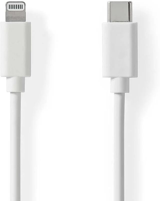 Lightning-kabel, USB 2.0, Apple Lightning 8-stift, USB-C™ hane, 480 Mbps, nickelpläterad, 1, 00 m, rund, PVC, vit, etikett — Mobil och surfplatta