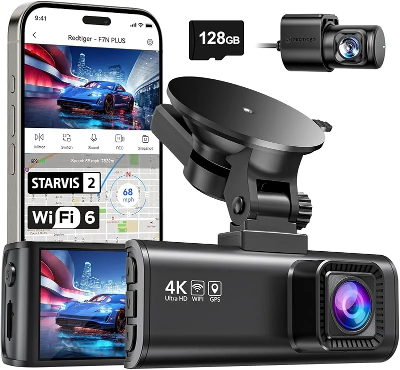 REDTIGER Dash Cam främre bakre kamera 4K, 2, 5K Full HD bilinstrumentbräda-inspelare med 3, 18” IPS-skärm, Wi-Fi GPS Night Vision Loop-inspelning 170° vidvinkel WDR, gratis 128GB-kort — Portabel digital och ljud