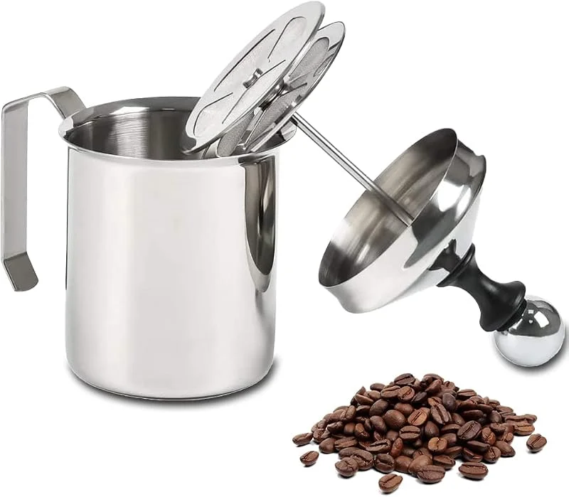 Newaner 500 ml rostfritt stål dubbel mesh mjölkskummare manuell, 8 x 8 x 18 cm perfekt mjölkskum tack vare dubbel sil och speciell tryckmekanism — Kök & Hushåll