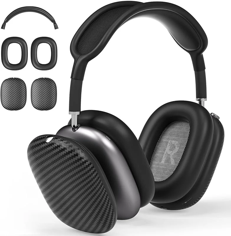 Fodral för AirPods Max hörlurar, kolfiberstruktur TPU öronkoppar fodral, örondynor, pannband silikonskydd kompatibel med Apple AirPod Max tillbehörsskydd (matt svart) — Mobil och surfplatta