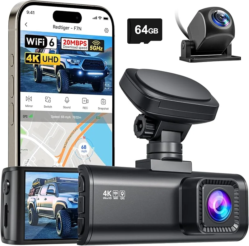 REDTIGER F7N 4K Dash Cams, WiFi GPS Front 4K, 2, 5K och Bakre 1080P Dual Dash Camera, 3, 18" skärmkamera för bilar, 170° vidvinkel frontpanelkamera — Portabel digital och ljud