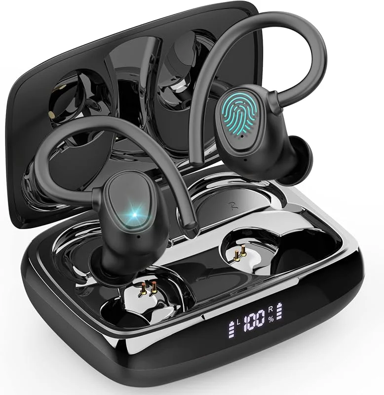 Bluetooth 5.1 hörlurar, trådlösa sporthörlurar IPX7 vattentäta Bluetooth 48H Hi-FI stereohörlurar med dubbel mikrofon, CVC 8.0 brusreducering, superlätt, USB-C touch-kontroll, jogging-headset gym — Hörlurar och ljud