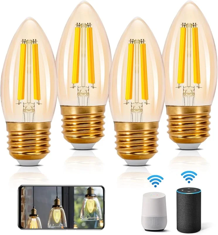 Aigostar Alexa E27 smart glödlampa, 4, 5 W, Edison, glödlampor, vintage, wifi, C35, smart glödlampa, kompatibel med Alexa och Google Home, dimbar 2 700K-6 500 K, bärnsten 4 st — Smart belysning