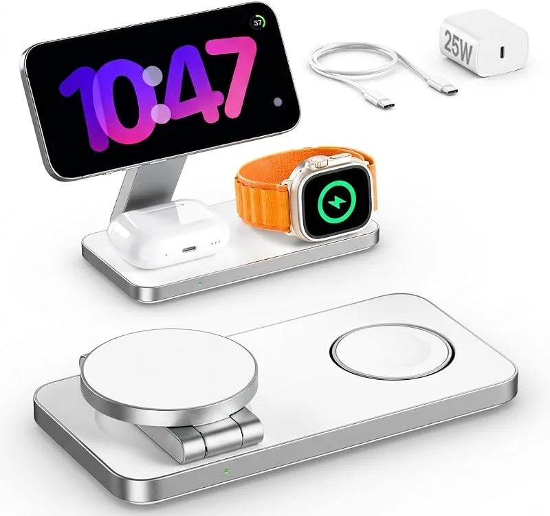 3-i-1 laddstation med Qi2.2 25W, Apple Watch laddningsstation, kompatibel med Magsafe trådlös laddare för iPhone 17, 16, 15, 14, 13, 12 för AirPods, Med 30 W Adapter (Vit) — Mobil och surfplatta