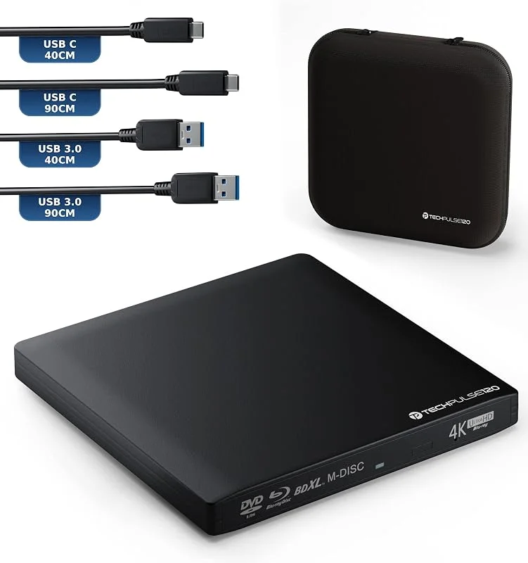 techPulse120 Extern USB 3.1 USB-C UHD 4K 3D-brännare, M-Disc, Blu-Ray, DVD, CD BDXL HDR10, 128 GB, Superdrive Windows macOS Deluxe, aluminium, svart — Portabel digital och ljud