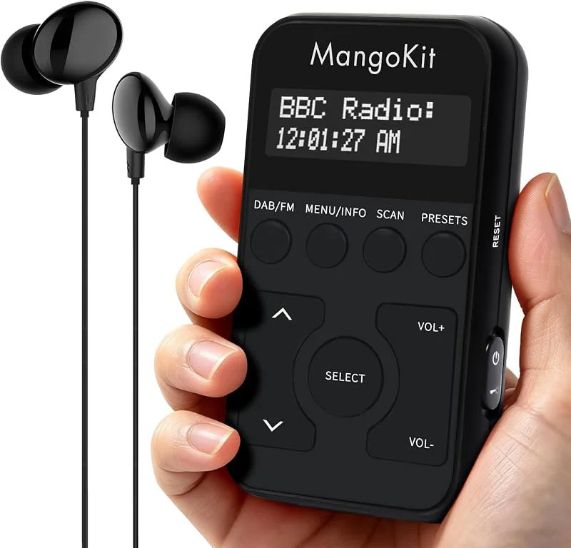 MP1-ficka DAB, DAB+ och FM digital radio, bärbar personlig mini handhållen DAB-radio med hörlurar, låsbara knappar, batteri eller nätdriven, 20 stationsförinställningar (svart) — Portabel digital och ljud
