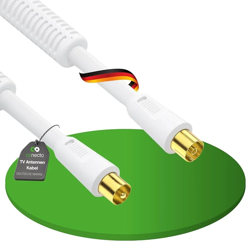 conecto antennkabel koxialkabel TV 2, 0 m 4-vägs skärmad IEC-kontakt med ferrite, för HDTV, mottagare, satelit, DAB, radio, vit — TV och streaming