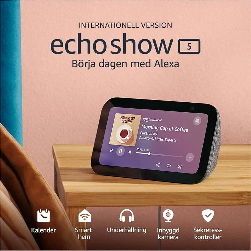 Echo Show 5 (senaste generationen), Smart display och alarmklocka med klarare ljud, Internationell version, Grafitgrå — Smarta hem