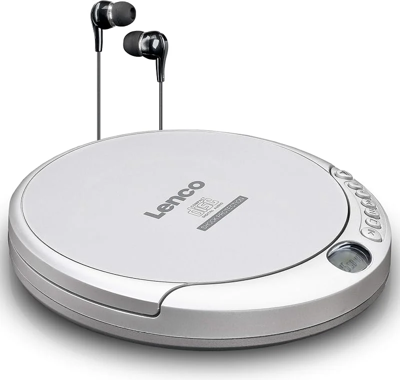 Lenco CD-201S Bärbar CD-spelare med Hörlurar och Mikrofon, USB-laddningskabel, Silver — Portabel digital och ljud