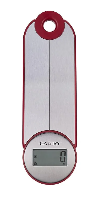 CAMRY Digital elektronisk hopfällbar köksvåg för resor camping på vägen vikbar köksvåg våg ta med dig, 5 kg, 30 kg, lb: oz, g fl'oz, ml, LCD-skärm, storlek 7 x 23 cm (silverröd) — Kök & Hushåll
