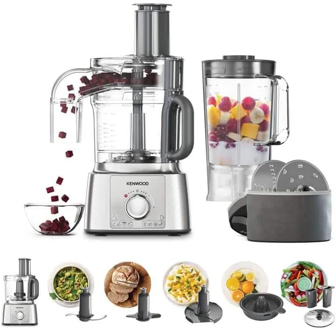 Kenwood MultiPro Express FDP65.820SI - Livsmedelsprocessor 1000 W (3 L-skål, 1, 5 L koppmixer, juicepress, skärtillbehör, Express Serve och Express Dice) — Kök & Hushåll