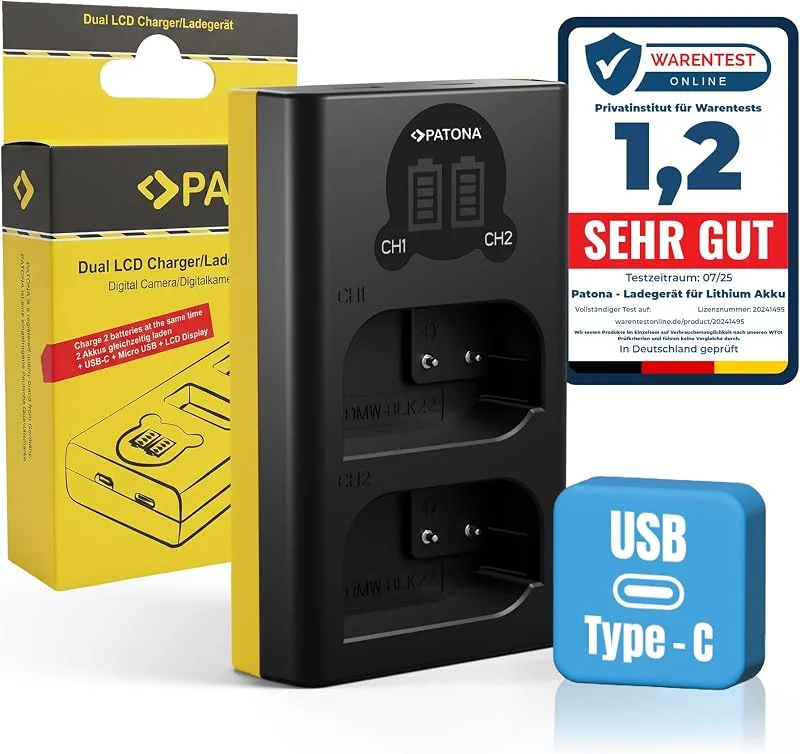 PATONA Dual LCD Batteriladdare USB-C (5V, 2, 1A) för Panasonic DMW-BLK22 — Laddning och kablar