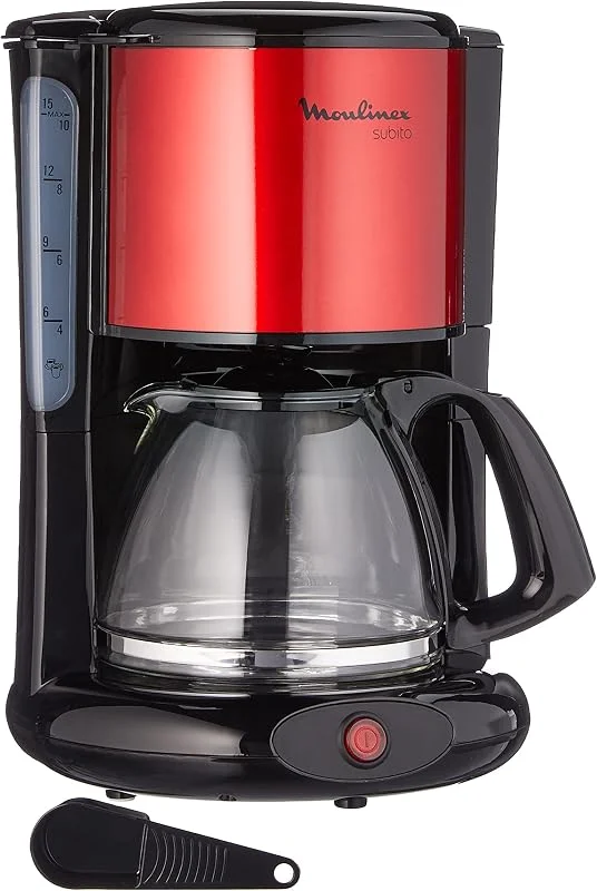 Moulinex FG360D Filterkaffebryggare Subito, Glaskanna, 10–15 koppar, automatisk avstängningsfunktion, rostfritt stål, röd, svart — Kök & Hushåll