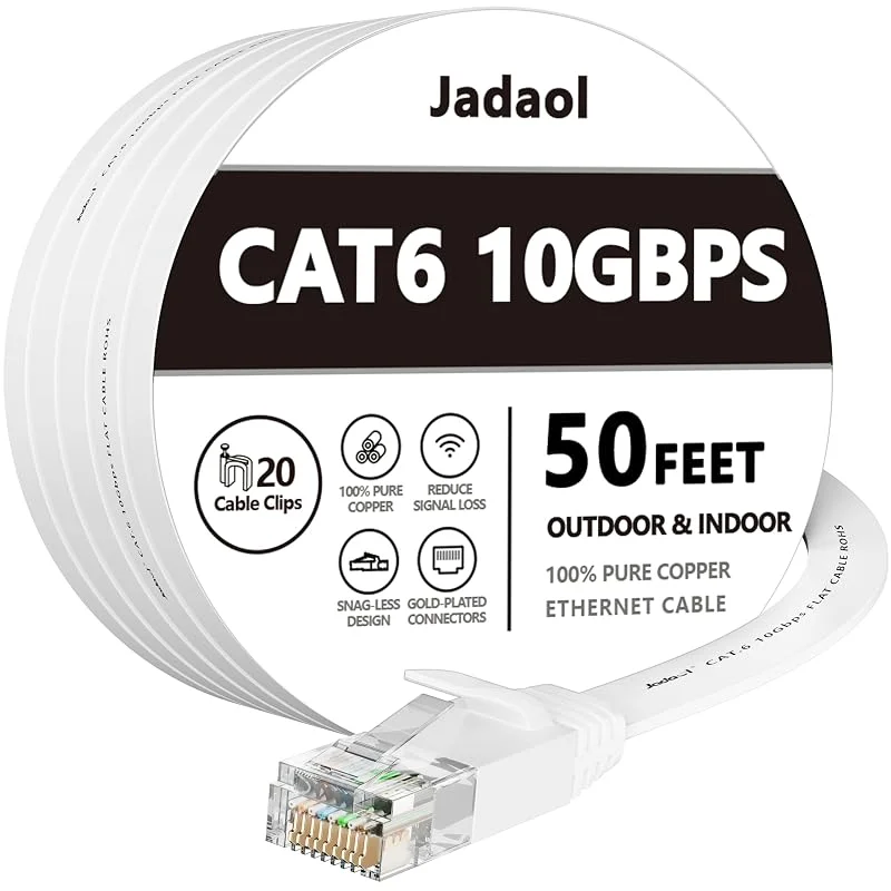 Ethernet-kabel Cat6 platt 15 m vit med kabelklämmor, nätverkskabel katt 6 platt ethernet patchkabel, internetkabel med Rj45-kontakter – vit (15 meter) — Laddning och kablar