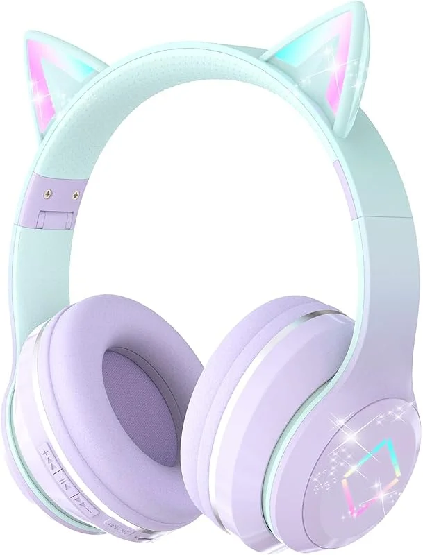 Barnhörlurar, Bluetooth 5.1, LED-upplysta, trådlösa, stereoljud, vikbart, justerbart pannband, mikrofon över örat (lila, skola, surfplatta) — Hörlurar och ljud