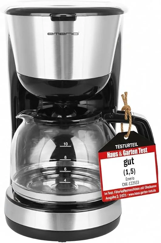 Emerio CME-122933, Filter kaffebryggare, 1, 25 l för upp till 10 koppar färskt kaffe, avtagbart permanent filter, anti-droppfunktion, kaffekanna av glas, auto-off, 1000 watt, svart, silver — Kök & Hushåll