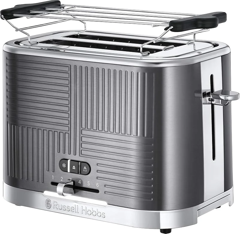 Russell Hobbs brödrost, 2 skivor, 6 justerbara rostningsnivåer, extra breda fack, uppvärmningsgaller, upptining, uppvärmningsfunktion, 1640W, teknologi för snabbare rostning, Geo Steel 25250-56 — Kök & Hushåll