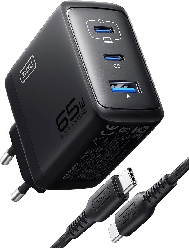 INIU 65W USB C-Laddare, 3 Portar Multipel Strömförsörjning med USB-C-Kabel, PD 3.0 Snabbladdningskontakt, Typ C-adapter kompatibel med iPhone 16 15 Pro Max, iPad Air, Samsung Galaxy S24 S23 Ultra etc. — Mobil och surfplatta