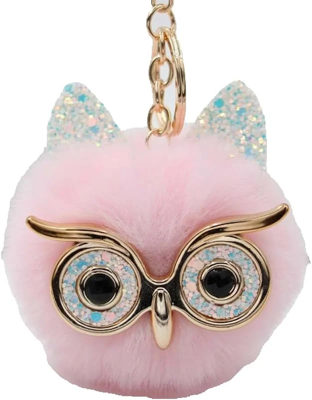 Puffball Owl Fuskpäls Pompom Nyckelring för Damväska Skolväska Handväska Mobiltelefon eller Bilhänge — Mobil och surfplatta