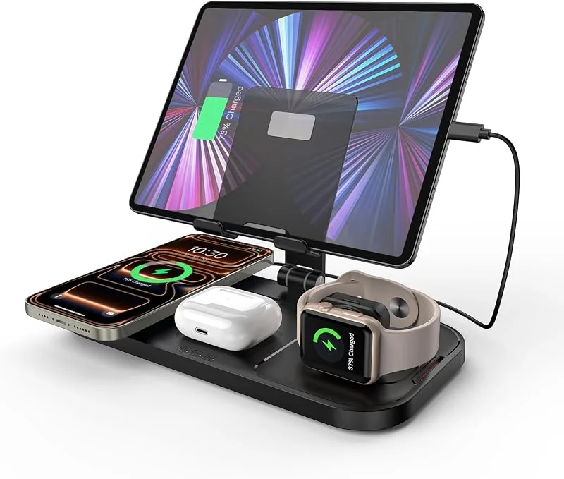 Trådlös laddare för Apple, 4-i-1 trådlös laddningsstation för Phone 14, 13, 12, 11, laddningsstation för Apple Watch 8, 7, 6, SE, 5, laddare för AirPods Pro, iPad, 2 laddningskabel ingår (svart) — Mobil och surfplatta